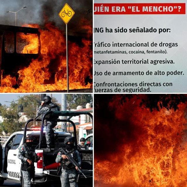 Scene iz meksičke savezne države Jalisco nakon ubojstva narkobossa El Mencha (gore desno)