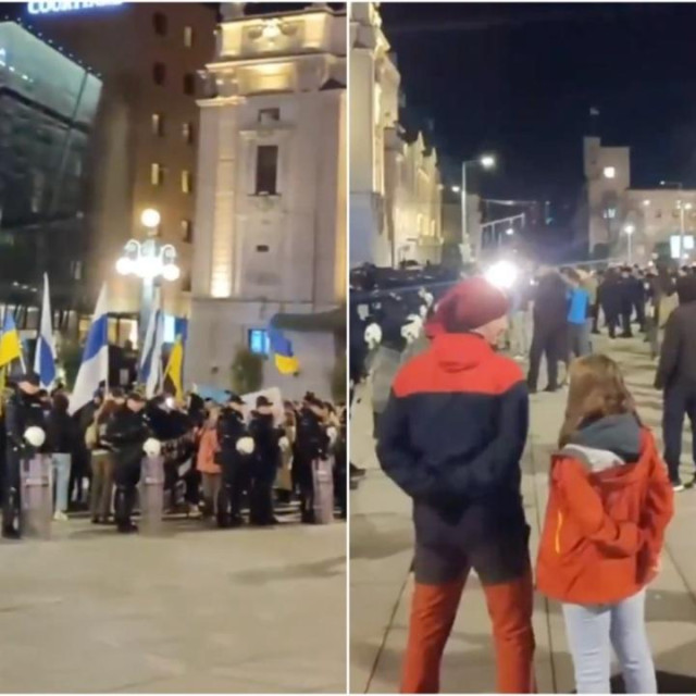 Mirovni skup (lijeva fotografija) i skup u znak podrške Rusiji (desna fotografija) u Beogradu