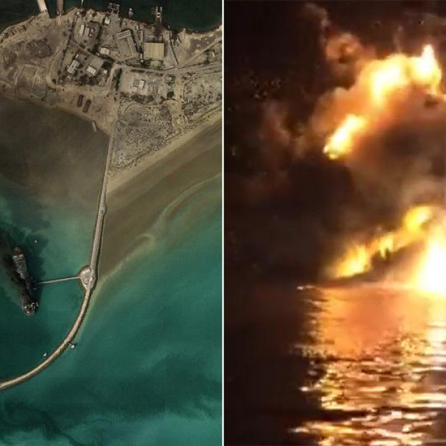 Dim iznad broda nakon eksplozije u luci Bandar Abbas uz Hormuški tjesnac; snimka eksplozije nakon što se iranski čamac zabio u američki tanker