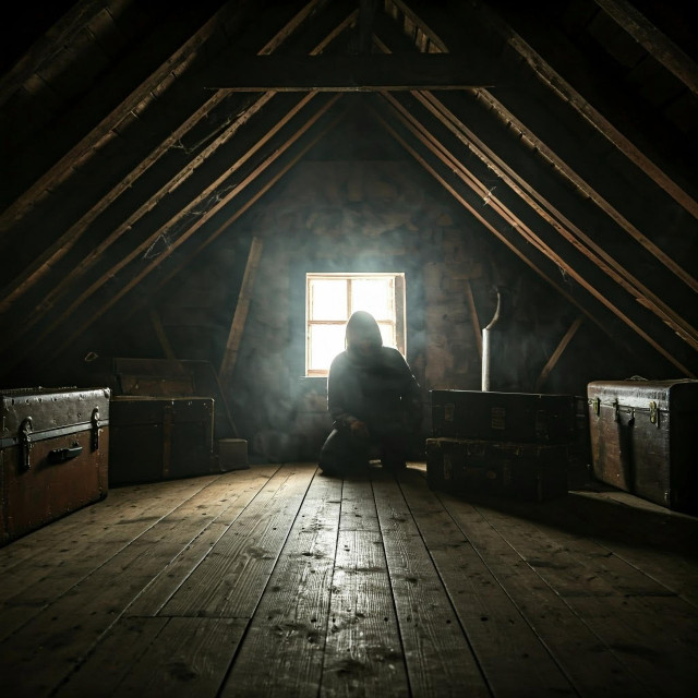person hiding in the dark attic