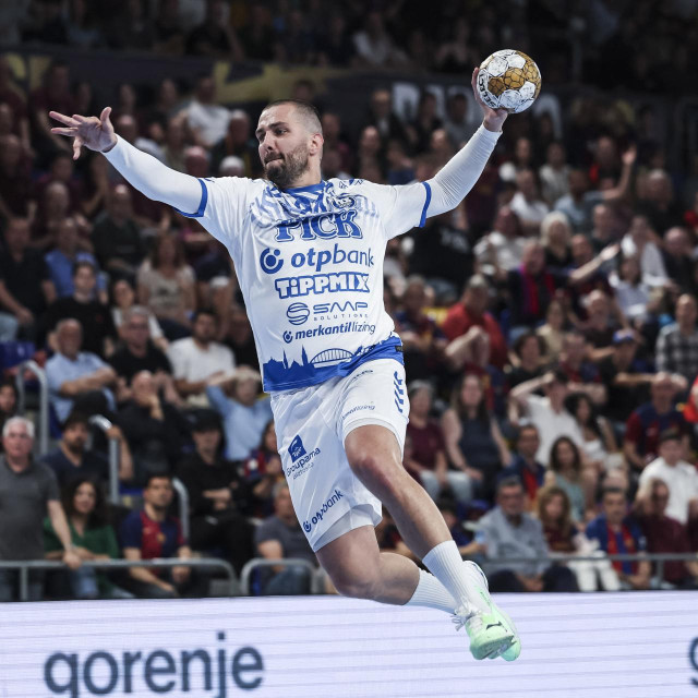 Mario Sostaric of SC PICK Szeged during the EHF Champions League, Quarter Final, Second leg handball match between FC Barcelona and SC PICK Szeged on 1 May 2025 at Palau Blaugrana in Barcelona, Spain - Photo Javier Borrego/Spain DPPI/DPPI (Photo by Javier Borrego/Spain DPPI/DPPI via AFP)