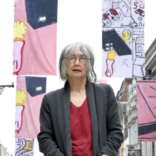 LONDON, ENGLAND - JUNE 04: Rose Wylie (Royal Academician) unveiling the RA250 Flags across London‘s West End on June 4, 2018 in London, England. (Photo by Tristan Fewings/Getty Images for Royal Academy of Arts)
