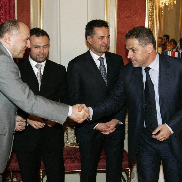 Srećko Ferenčak, Vedran Pavlek, Miho Glavić i Milan Bandić 2008. godine na primanju povodom utrke Svjetskog kupa na Sljemenu