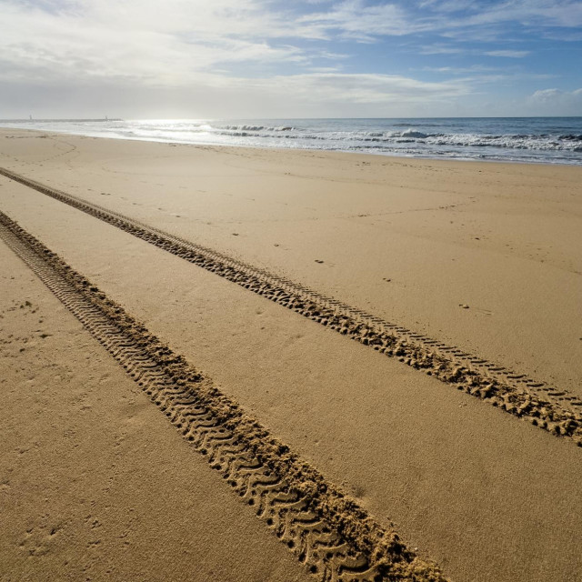 Fresh tire tracks in the sand form striking parallel lines leading into the distance. The light creates strong shadows and textures.