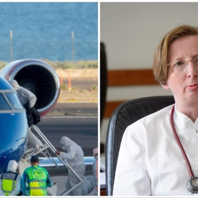 Putnici s kruzera Hondius pri ukrcavanju u medicinski zrakoplov na Tenerifima i dr.sc. Alemka Markotić 