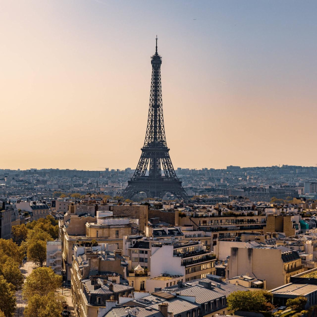 Erhöhte Stadtansicht von Paris mit Blick auf den Eiffelturm, der sich zentral über die typische Haussmann-Architektur erhebt. Ein von Bäumen gesäumter Boulevard führt durch das dicht bebaute Stadtgebiet und verstärkt die Tiefe der Komposition. Das warme Licht der goldenen Stunde taucht die Szene in eine ruhige, atmosphärische Stimmung und betont die charakteristischen Strukturen der französischen Hauptstadt. *** Elevated city view of Paris with a view of the Eiffel Tower, which rises centrally above the typical Haussmann architecture A tree-lined boulevard leads through the densely built-up urban area and enhances the depth of the composition The warm light of the golden hour bathes the scene in a calm, atmospheric mood and emphasi,Image: 1090901080, License: Rights-managed, Restrictions: imago is entitled to issue a simple usage license at the time of provision. Personality and trademark rights as well as copyright laws regarding art-works shown must be observed. Commercial use at your own risk., Model Release: no, Credit line: Mario Aurich/imago stock&people/Profimedia