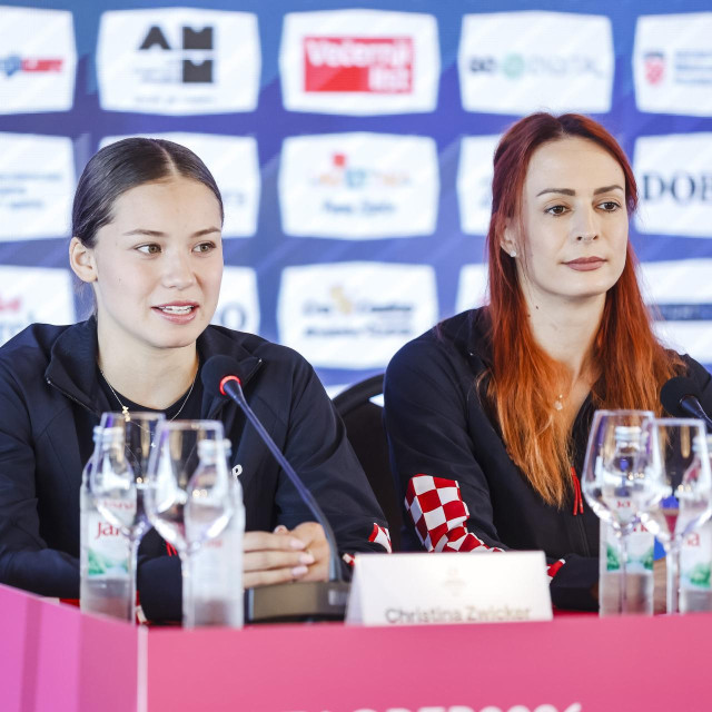 Christina Zwicker (lijevo) i Tijana Korent tijekom nedavne konferencije za novinare Europskog prvenstva Zagreb 2026.
