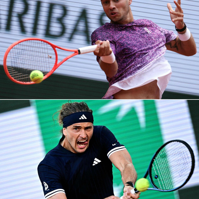 (COMBO) This combination of files pictures created on June 6, 2026 shows (from top) Italy‘s Flavio Cobolli playing a forehand return to Canada‘s Felix Auger-Aliassime during their men‘s quarter final singles match on day 11 of the French Open tennis tournament on Court Philippe-Chatrier at the Roland-Garros Complex in Paris on June 3, 2026 and Germany‘s Alexander Zverev playing a backhand return to Czech Republic‘s Tomas Machac during their men‘s singles match on day 4 of the French Open tennis tournament on Court Philippe-Chatrier at the Roland-Garros Complex in Paris on May 27, 2026. Cobolli, the 24-year-old 10th seed will meet Alexander Zverev in June 7‘s final, which will produce a new major champion, after the German second seed earlier moved past Jakub Mensik in the other semi-final. (Photo by Alain JOCARD and JULIEN DE ROSA/AFP)