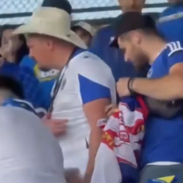 Navijač BiH oduzima drugom navijaču srpsku zastavu