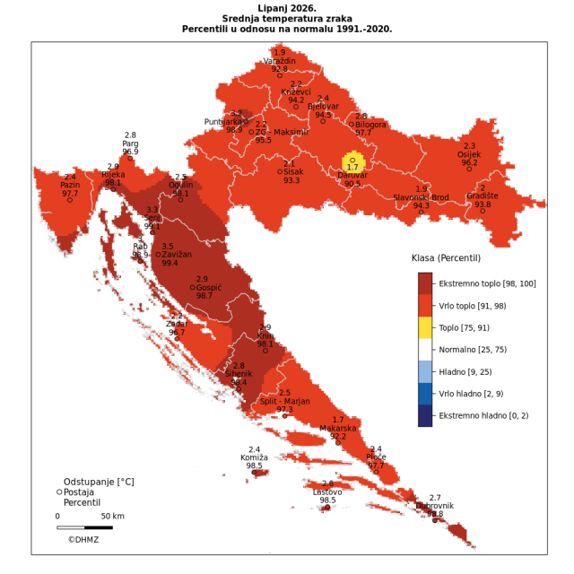 Odstupanje srednje mjesečne temperature zraka za lipanj