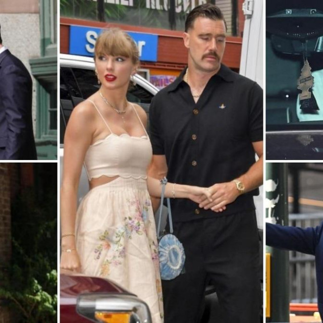 Karlie Kloss i Joshua Kushner (G-L), Dakota Johnson (D-L), Taylor Swift i Travis Kelce (S), Brad Pitt (G-D), Ethan Hawke (D-D)