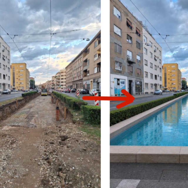 Fotografija koja prikazuje transformaciju tramvajskih pruga u bazen na Zvonimirovoj ulici