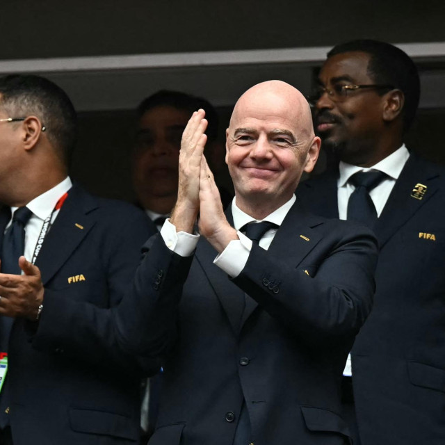 FIFA President Gianni Infantino gestures ahead of the 2026 World Cup round of 16 football match between Canada and Morocco at the Houston Stadium in Houston on July 4, 2026. (Photo by Paul ELLIS/AFP)