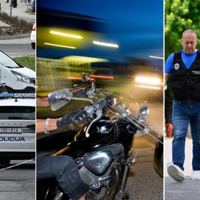 Policijski očevid na Šestinskom trgu nakon ubojstva u travnju; motociklist (ilustracija); pripadnici krim-policije (ilustracija)