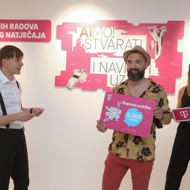 Natječaj AIMO! Stvarati i navijati uz AI predstavljen je u zagrebačkoj galeriji Zen Contemporary Art Gallery. Ovaj jedinstveni projekt spaja suvremenu umjetnost, tehnologiju i sport, a nastao je u suradnji s Hrvatskim Telekomom. Na fotografiji: Bojan Haron Markicević