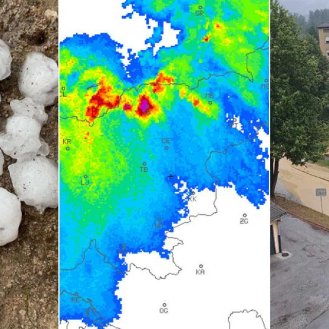 Tuča u Sloveniji; radarska slika; poplavljena cesta u Ravnama na Koroškem