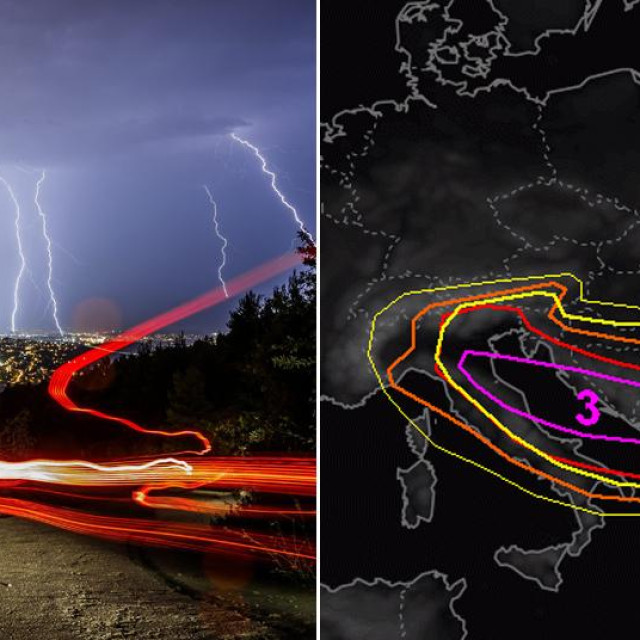 Nevrijeme iznad Splita (ilustracija); prognoza oluja Estofexa za utorak, 21. srpnja. U području omeđenom ružičastom linijom očekuju se najveća nevremena