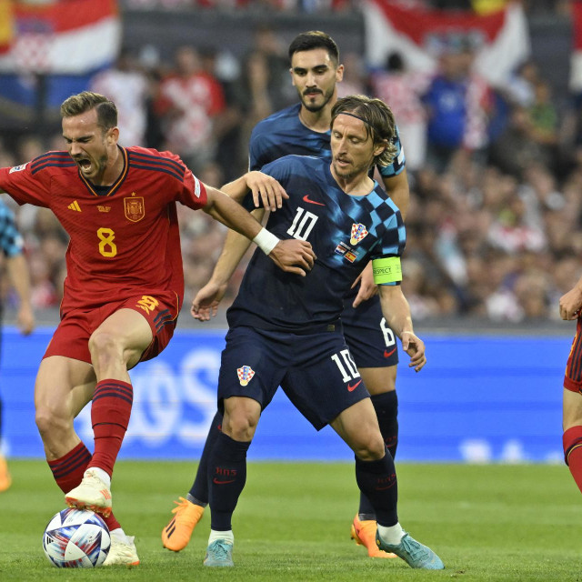 Fabian Ruiz, Luka Modrić, Josip Šutalo i Gavi, finalna utakmica Lige nacija između Hrvatske i Španjolske na stadionu De Kuip u Rotterdamu 18. lipnja 2023.