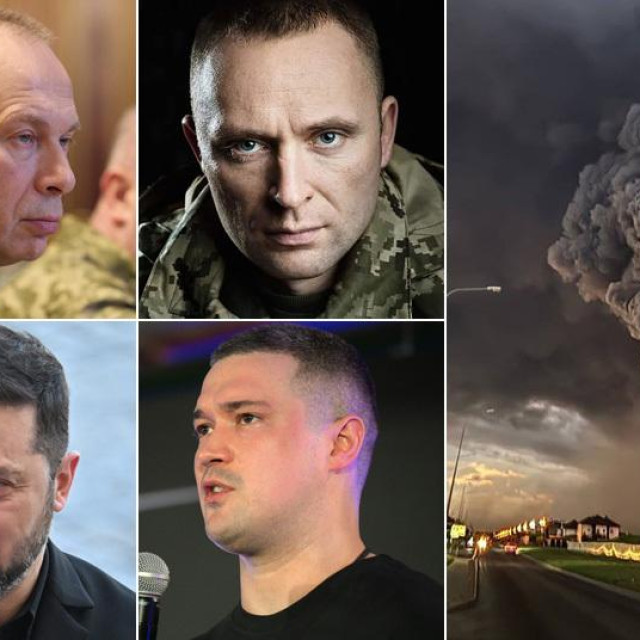 Oleksandar Sirski; Mihailo Drapati; Volodimir Zelenski; Mihailo Fedorov; prizor eksplozije ruskog logističkog centra Wildberries