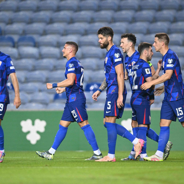 Hrvatski napadač Franjo Ivanović slavi pogodak za 4:0 protiv Gibraltara u kvalifikacijama za Svjetsko prvenstvo 2026. godine
