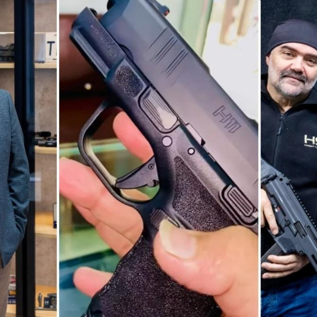 Glavni direktor HS Produkta Željko Pavlin (lijevo); Lažirani pištolj HS produkta (sredina); Dubravko Gvozdanović (drugi zdesna)