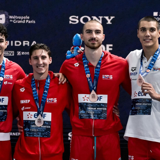 August 13, 2026, Saint Denis, France: Athletes of team Croatia celebrate after winning the bronze medal in the swimming 4x100m Freestyle Relay Men Final during the European Aquatics Championships at the Olympic Aquatic Center in Paris (France), August 13, 2026.,Image: 1122819775, License: Rights-managed, Restrictions: * Italy and Netherlands Rights Out *, Model Release: no, Credit line: Giorgio Scala/Zuma Press/Profimedia
