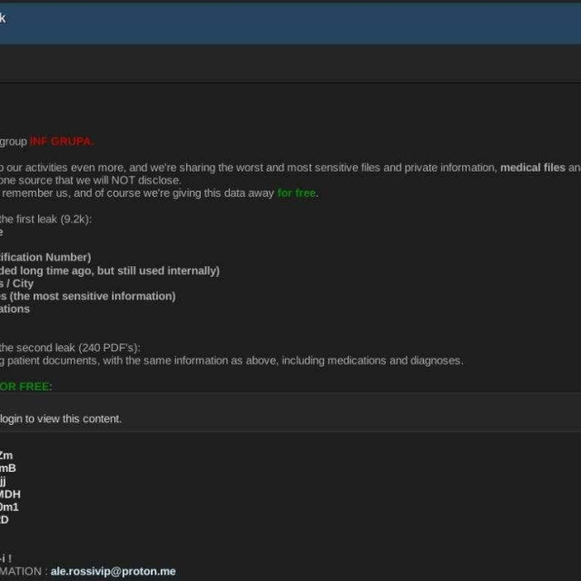ThreatLeap sustav je otkrio da je srpska INF Grupa danas objavila dva posta na dark web forumu