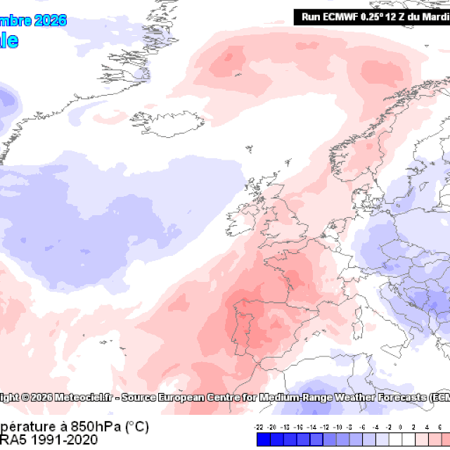 Odstupanje temperature zraka na plohi od 850 hPa od višegodišnjeg prosjeka