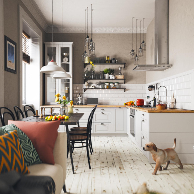 Modern country style home interior. CGI, framed images are my own