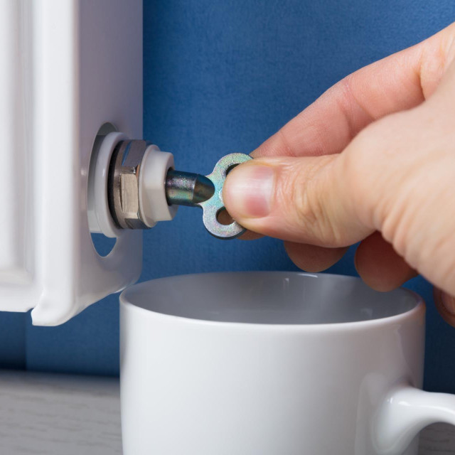 Close-up Of Person‘s Hand Turning Radiator Bleed Valve To Release Air With Cup At Home