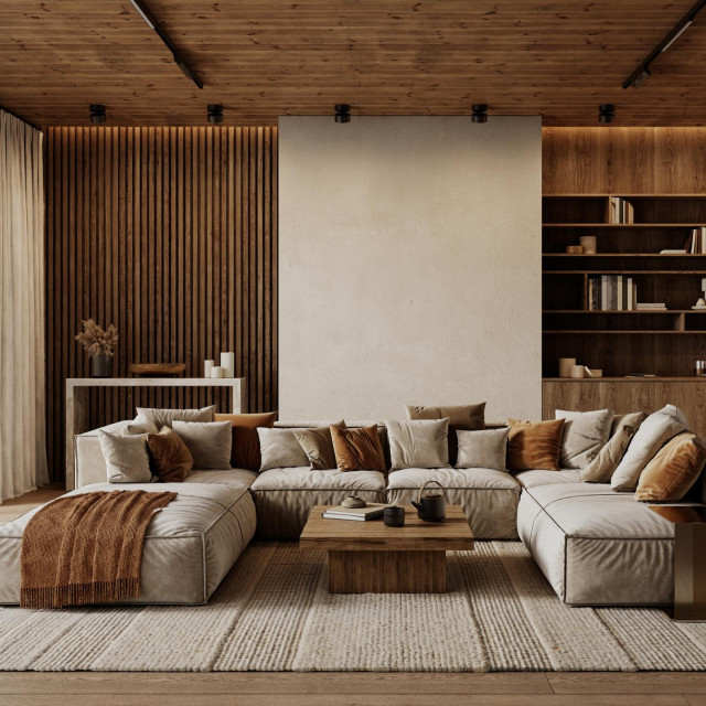 Contemporary loft interior with sofa with pillows carpet, wood wall panels and ceiling, coffee table and decor. 3d render illustration mockup.