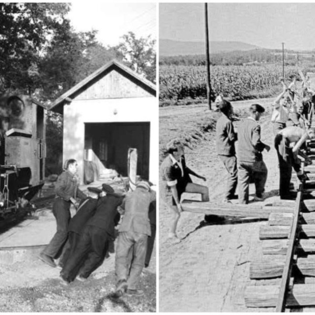 Prizori iz Maksimira (lijevo) gdje se lokomotiva 59 morala okretati ručno te izgradnja pionirske pruge u Dubravi (desno)
