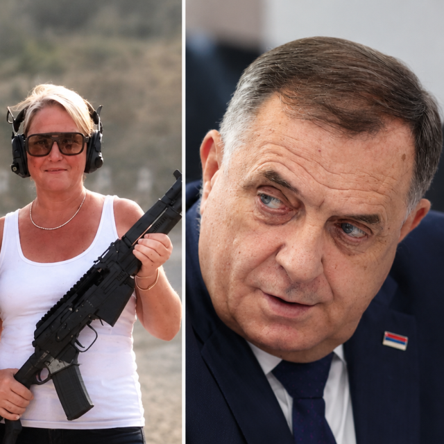 Donald Trump, Katie Wiles tijekom posjeta Bosni i Hercegovini pozira s puškom pokraj ministra unutarnjih poslova Republike Srpske, Milorad Dodik