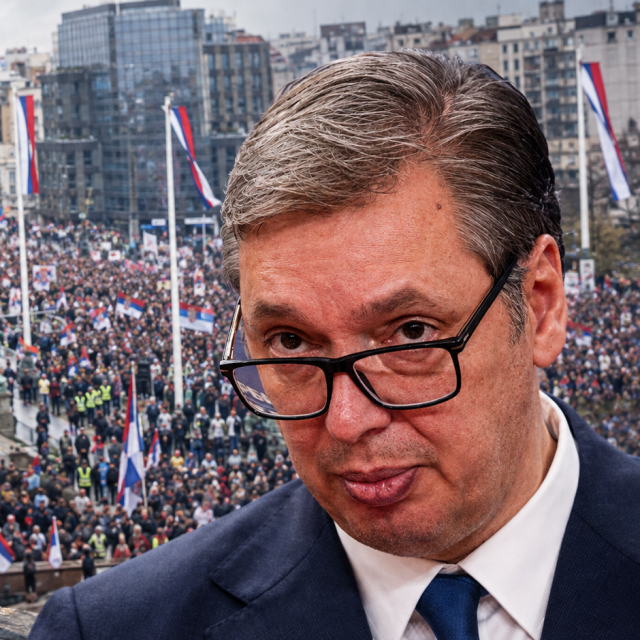 Aleksandar Vučić (u pozadini prosvjed studenata)